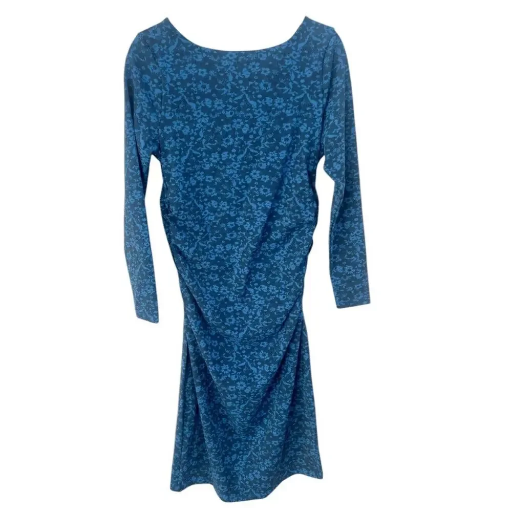 J Peterman Secret Keeper Midi Dress Blue Floral Ruched Sides Long Slv Midi Sz 8 - Picture 2 of 5